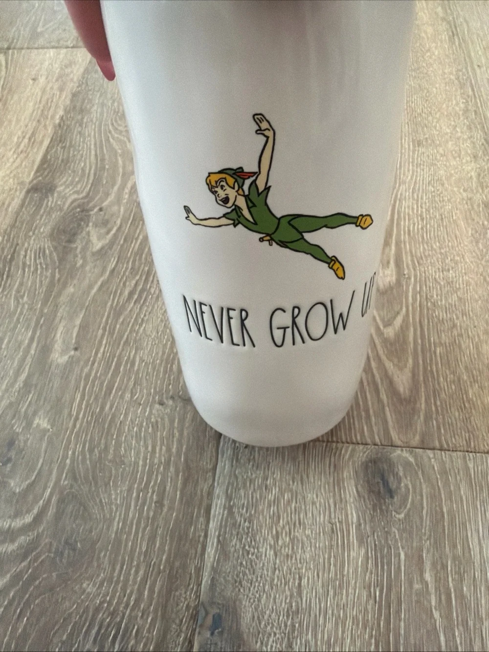 Rae Dunn White Ceramic Canister with Wood Lid - Never Grow Up Peter Pan Art